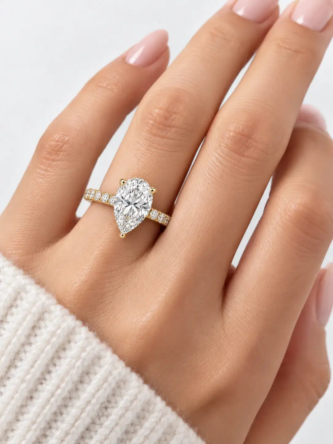 Pear Diamond Engagement Ring 3.10 Carat with side Round Pave Set IGI Certified Lab Grown Diamonds in 18K Yellow Gold