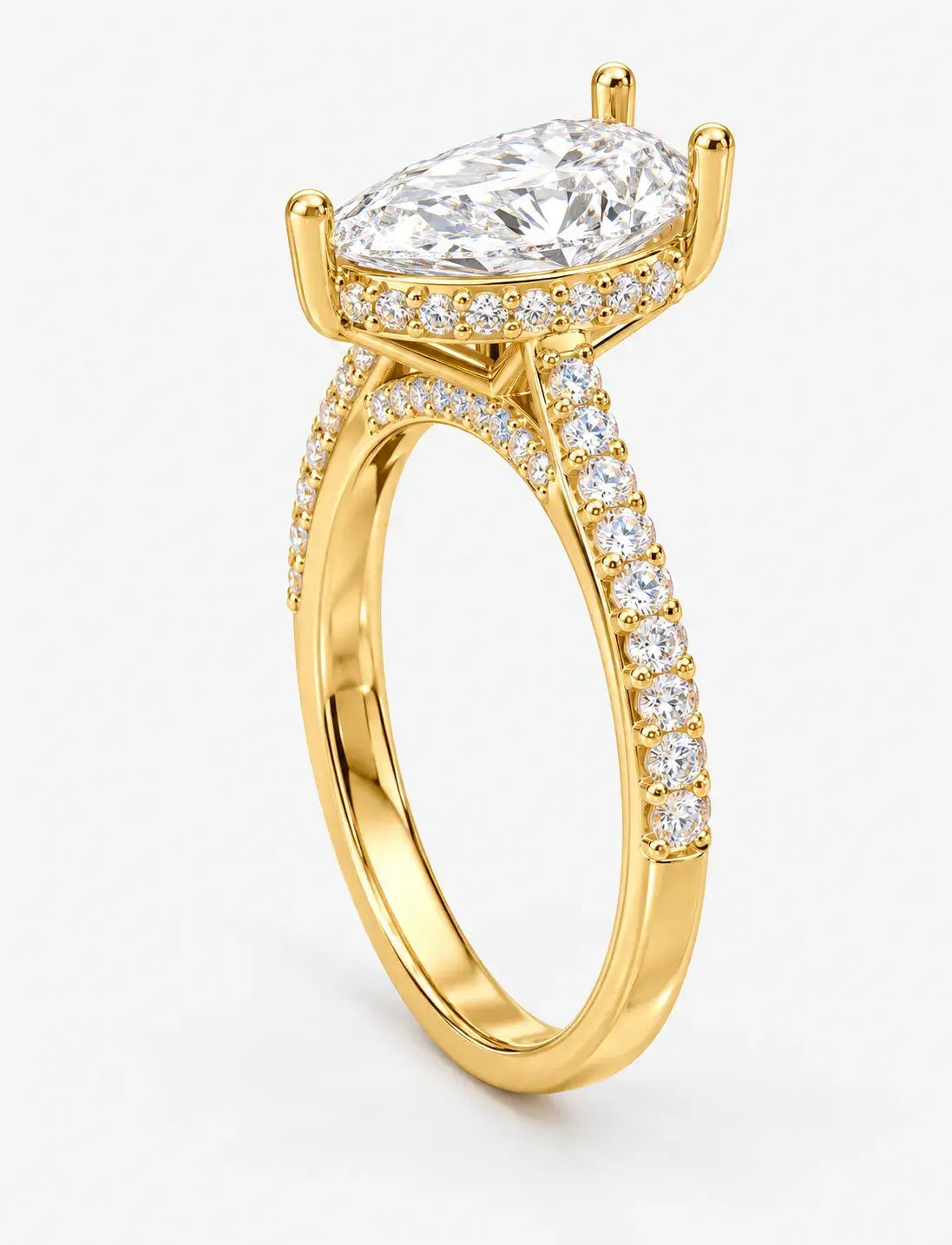 Pear Diamond Engagement Ring 3.10 Carat with side Round Pave Set IGI Certified Lab Grown Diamonds in 18K Yellow Gold