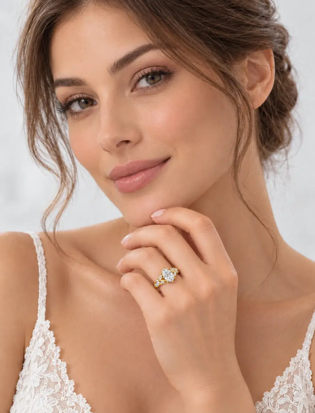 Oval Diamond Engagement Ring 2.19 Carat Designer Vintage Oval Cut Diamond Ring with Marquise and Round Side Accents  In 18K Yellow Gold