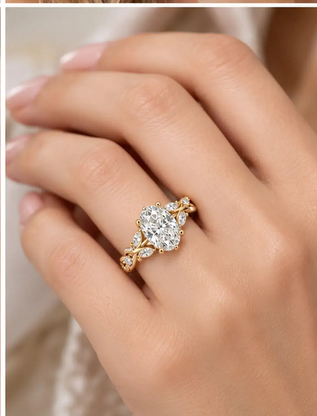 Oval Diamond Engagement Ring 2.19 Carat Designer Vintage Oval Cut Diamond Ring with Marquise and Round Side Accents  In 18K Yellow Gold