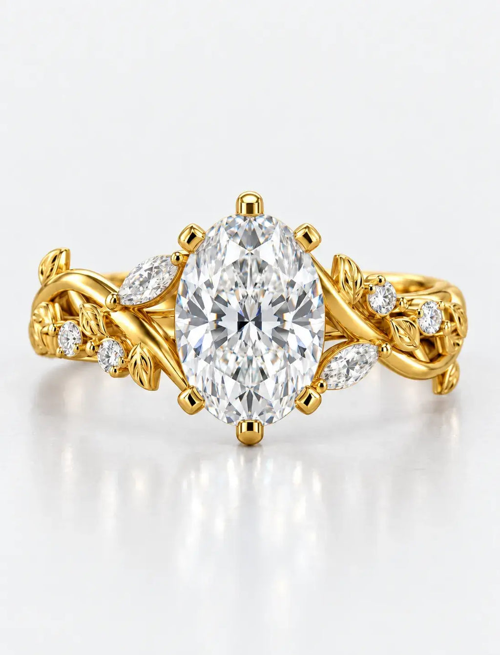 Oval Diamond Engagement Ring 2.19 Carat Designer Vintage Oval Cut Diamond Ring with Marquise and Round Side Accents  In 18K Yellow Gold