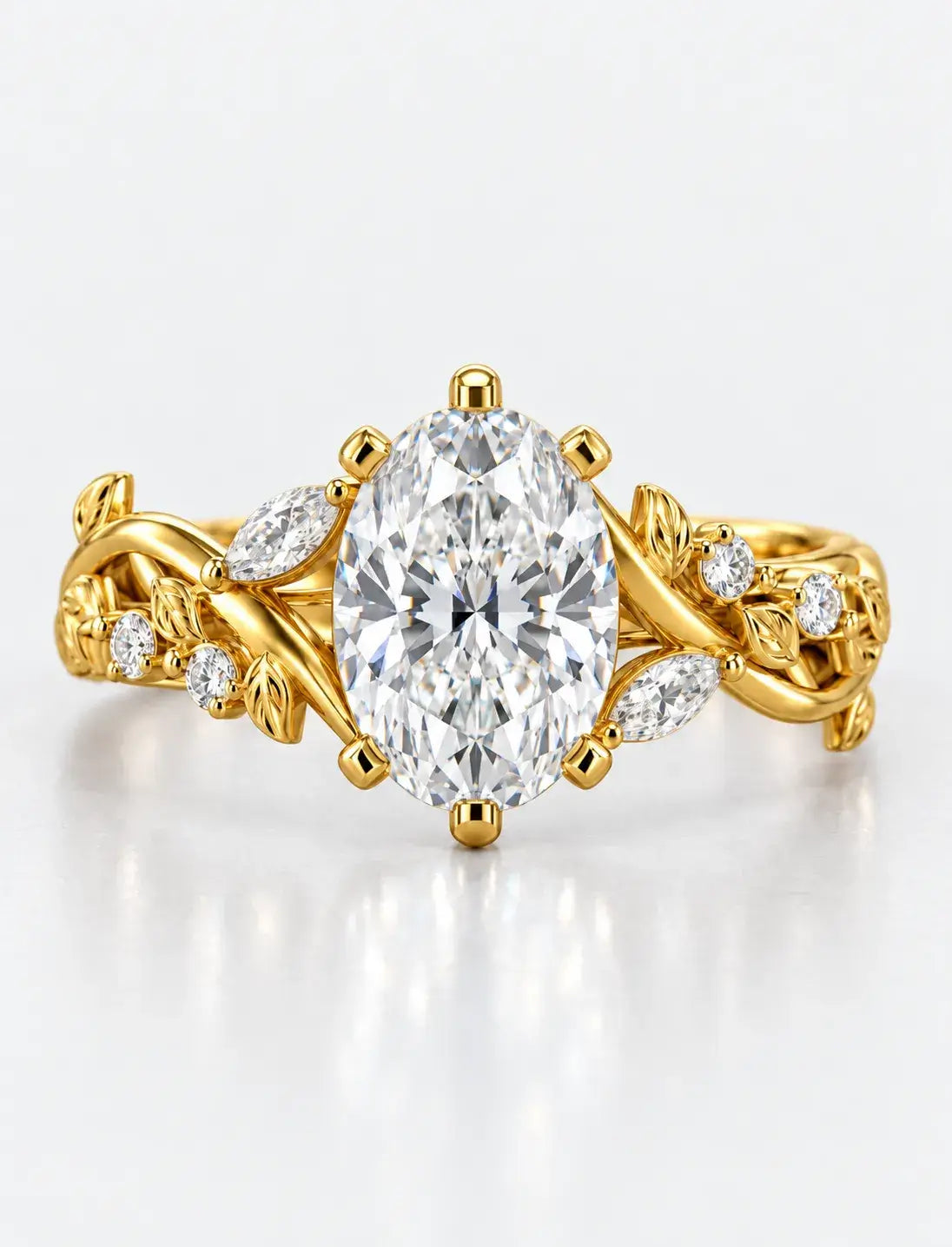 Oval Diamond Engagement Ring 2.19 Carat Designer Vintage Oval Cut Diamond Ring with Marquise and Round Side Accents  In 18K Yellow Gold
