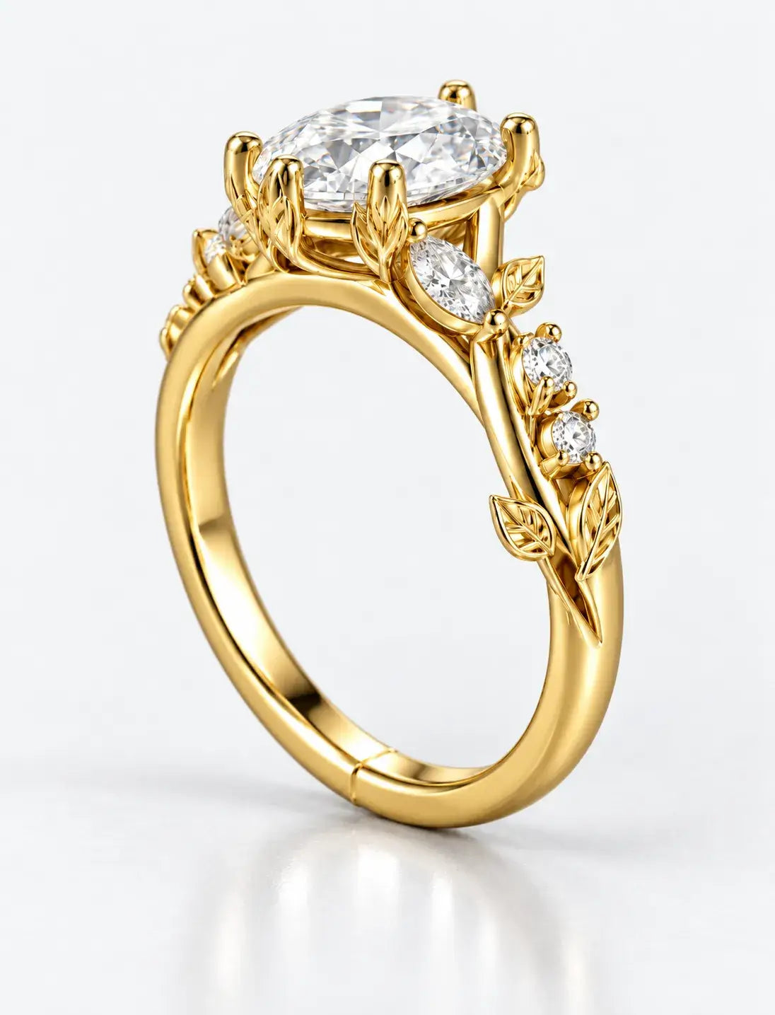 Oval Diamond Engagement Ring 2.19 Carat Designer Vintage Oval Cut Diamond Ring with Marquise and Round Side Accents  In 18K Yellow Gold