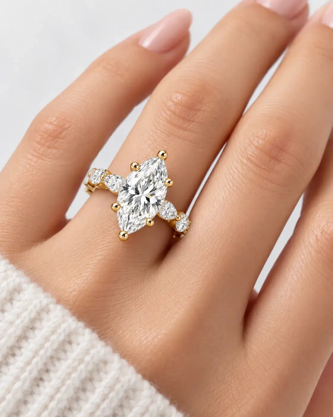 Marquise Cut Diamond Engagement Ring 4.68 Carat with side Marquise IGI Certified Lab Grown 18K Yellow Gold