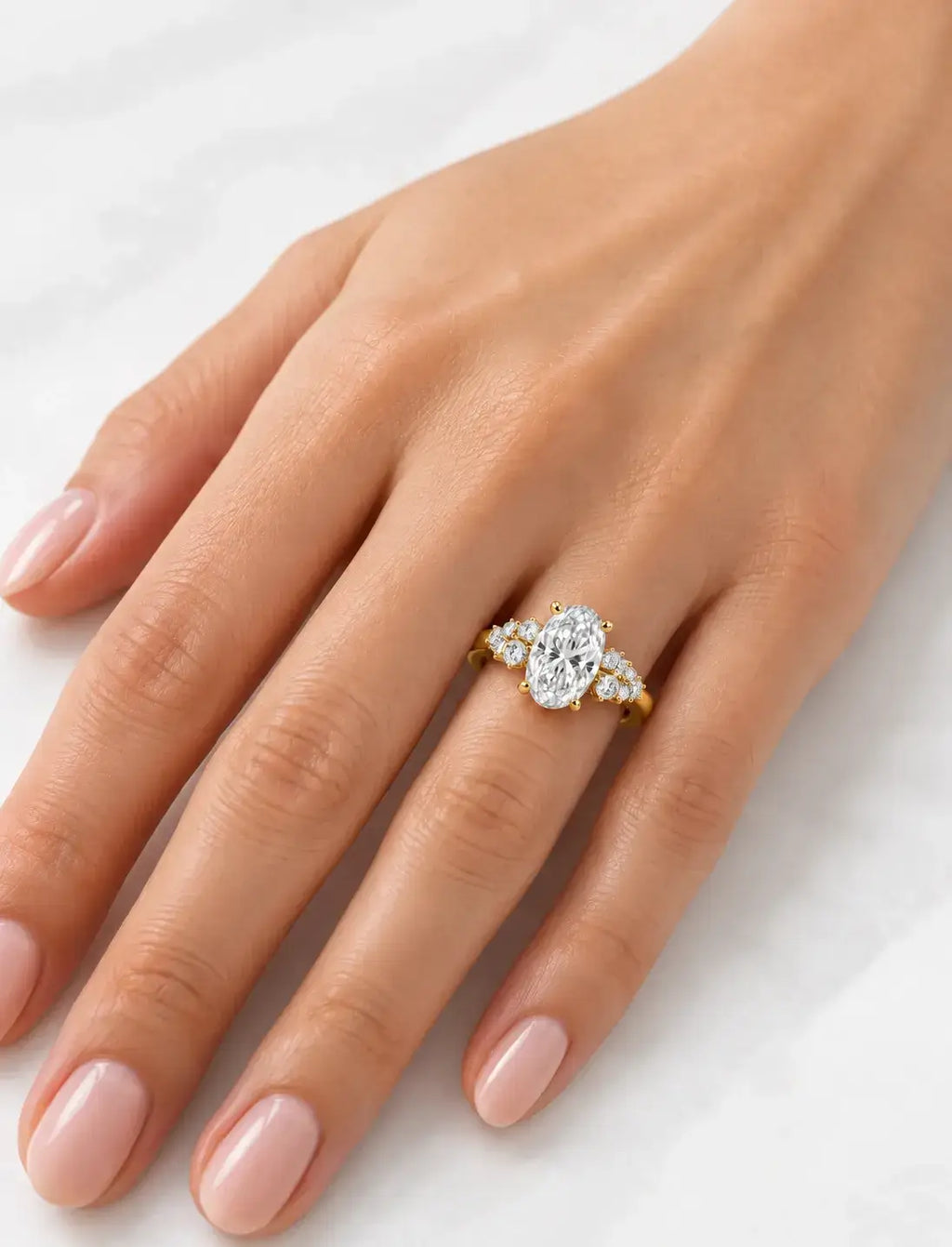 Oval Diamond Engagement Ring 1.68 Carat With Side Round Diamonds Claw Set IGI Lab Grown in 18K Yellow Gold