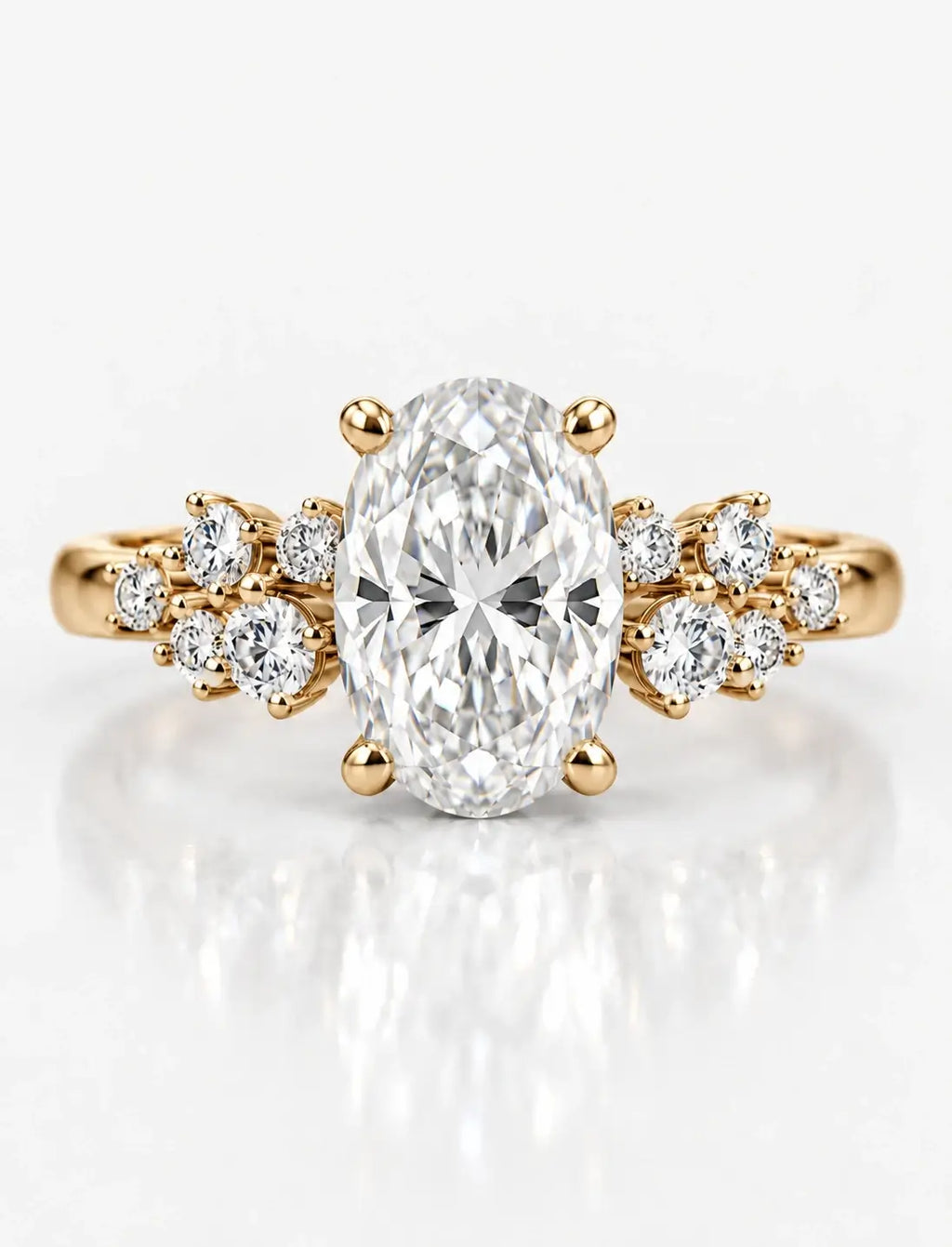 Oval Diamond Engagement Ring 1.68 Carat With Side Round Diamonds Claw Set IGI Lab Grown in 18K Yellow Gold