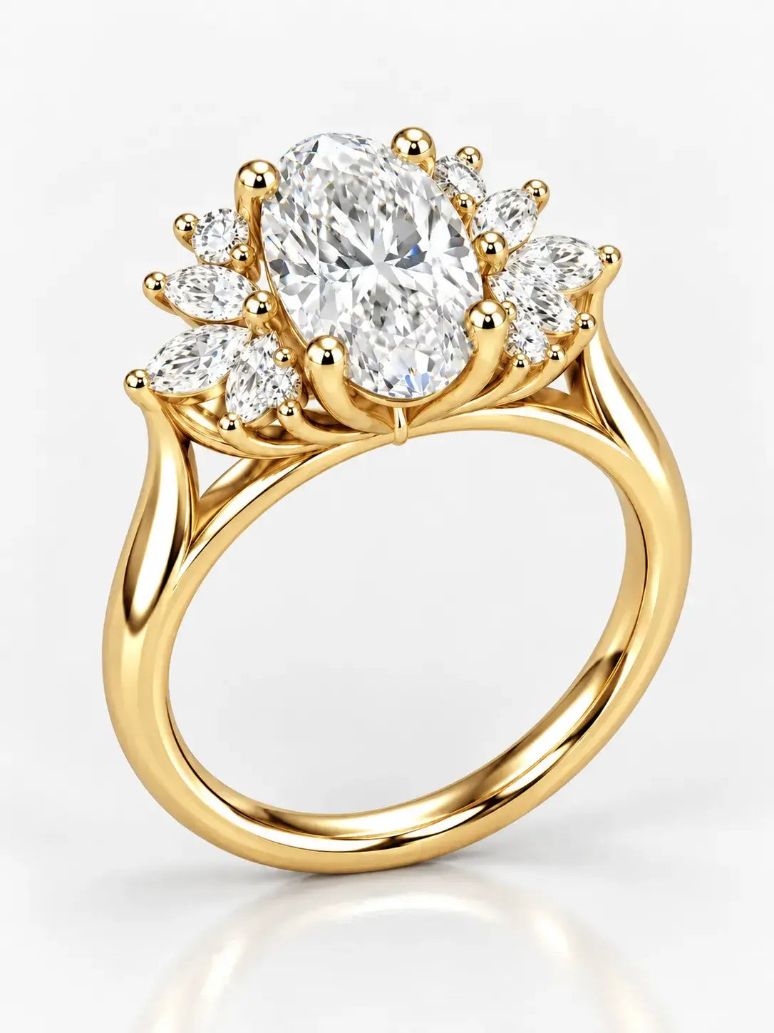 Oval and Marquise Diamond Engagement Ring 2.35 Carat Cluster Ring IGI Certified Lab Grown Ring in 18K Yellow Gold