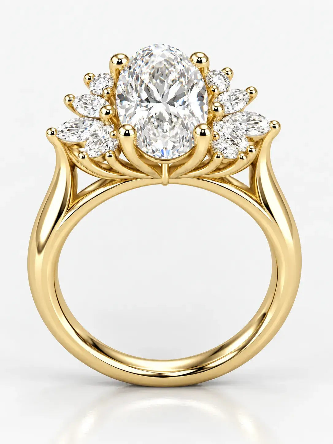 Oval and Marquise Diamond Engagement Ring 2.35 Carat Cluster Ring IGI Certified Lab Grown Ring in 18K Yellow Gold