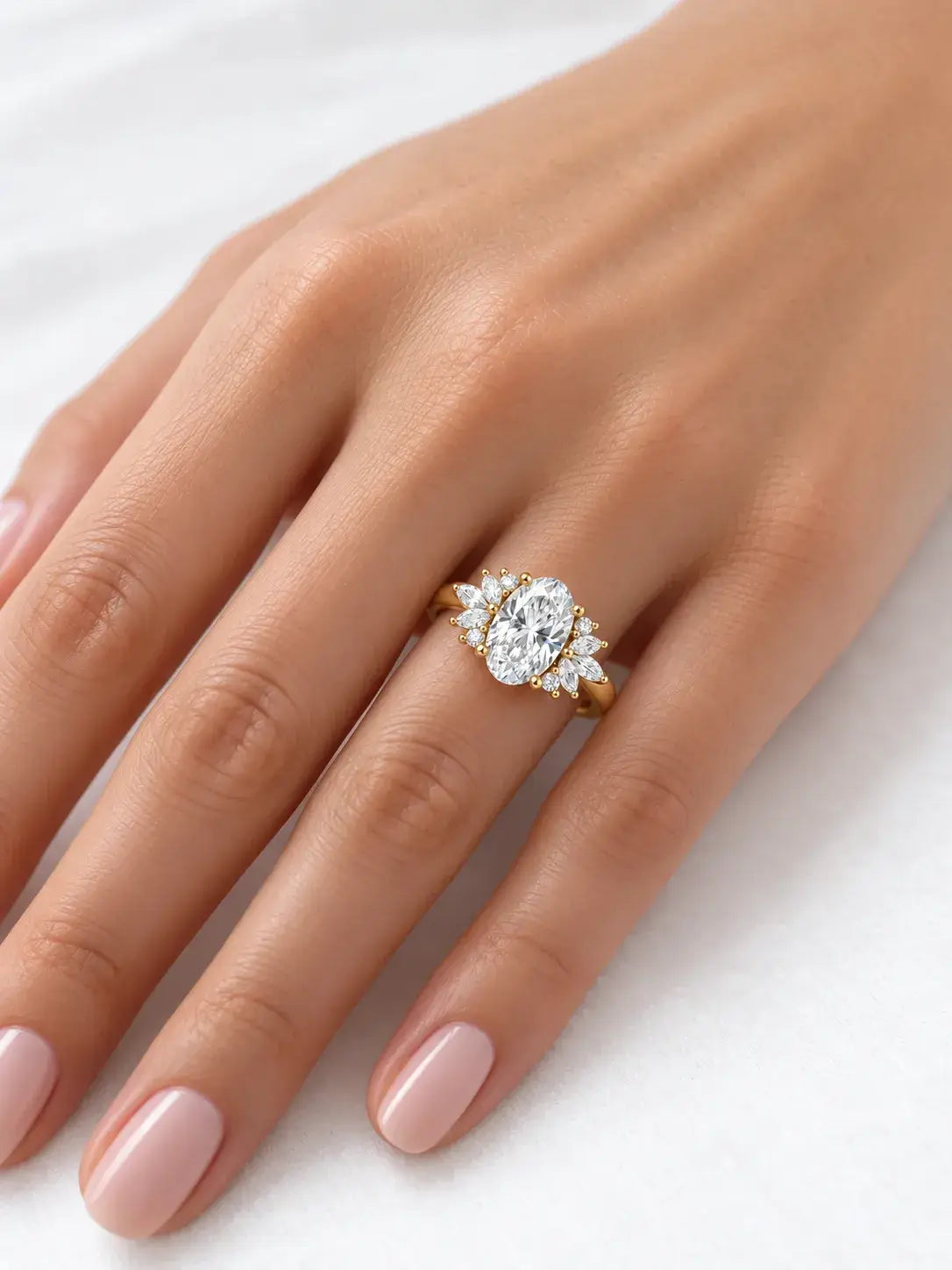 Oval and Marquise Diamond Engagement Ring 2.35 Carat Cluster Ring IGI Certified Lab Grown Ring in 18K Yellow Gold