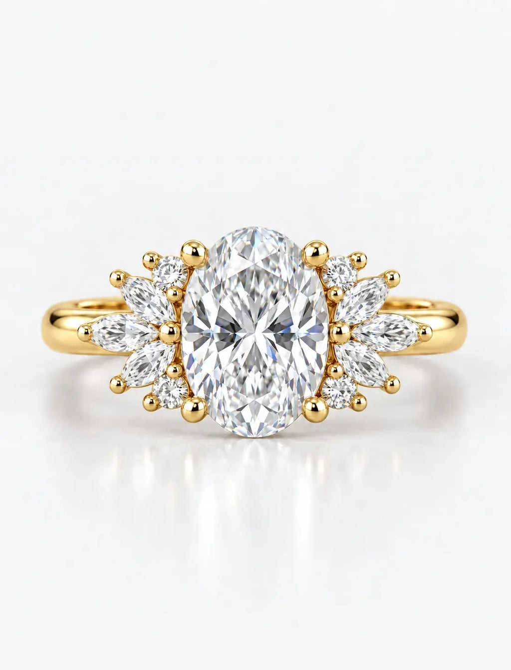 Oval and Marquise Diamond Engagement Ring 2.35 Carat Cluster Ring IGI Certified Lab Grown Ring in 18K Yellow Gold