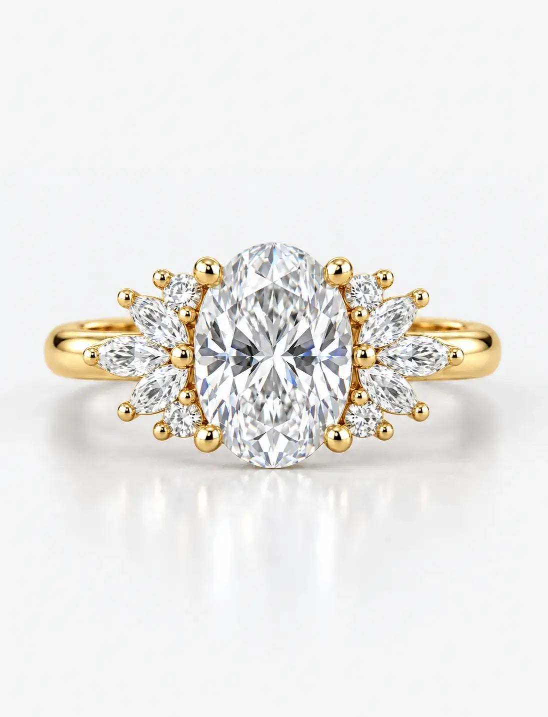 Oval and Marquise Diamond Engagement Ring 2.35 Carat Cluster Ring IGI Certified Lab Grown Ring in 18K Yellow Gold