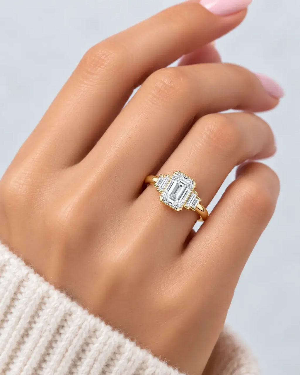 Emerald Diamond Engagement Ring with Baguette Bezel Set Diamond Five Stone Ring IGI Lab Grown in 18K Yellow Gold