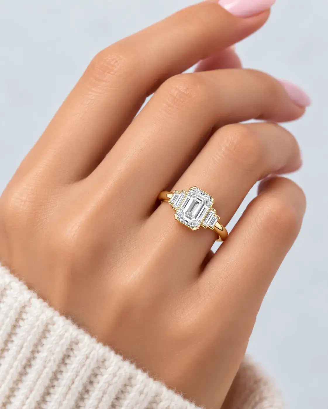 Emerald Diamond Engagement Ring with Baguette Bezel Set Diamond Five Stone Ring IGI Lab Grown in 18K Yellow Gold