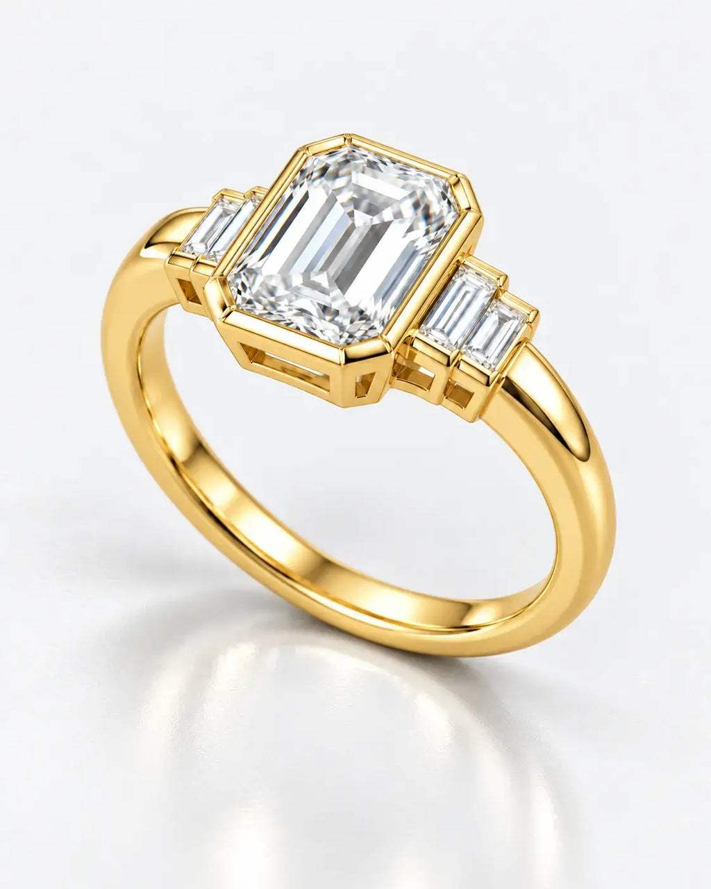 Emerald Diamond Engagement Ring with Baguette Bezel Set Diamond Five Stone Ring IGI Lab Grown in 18K Yellow Gold
