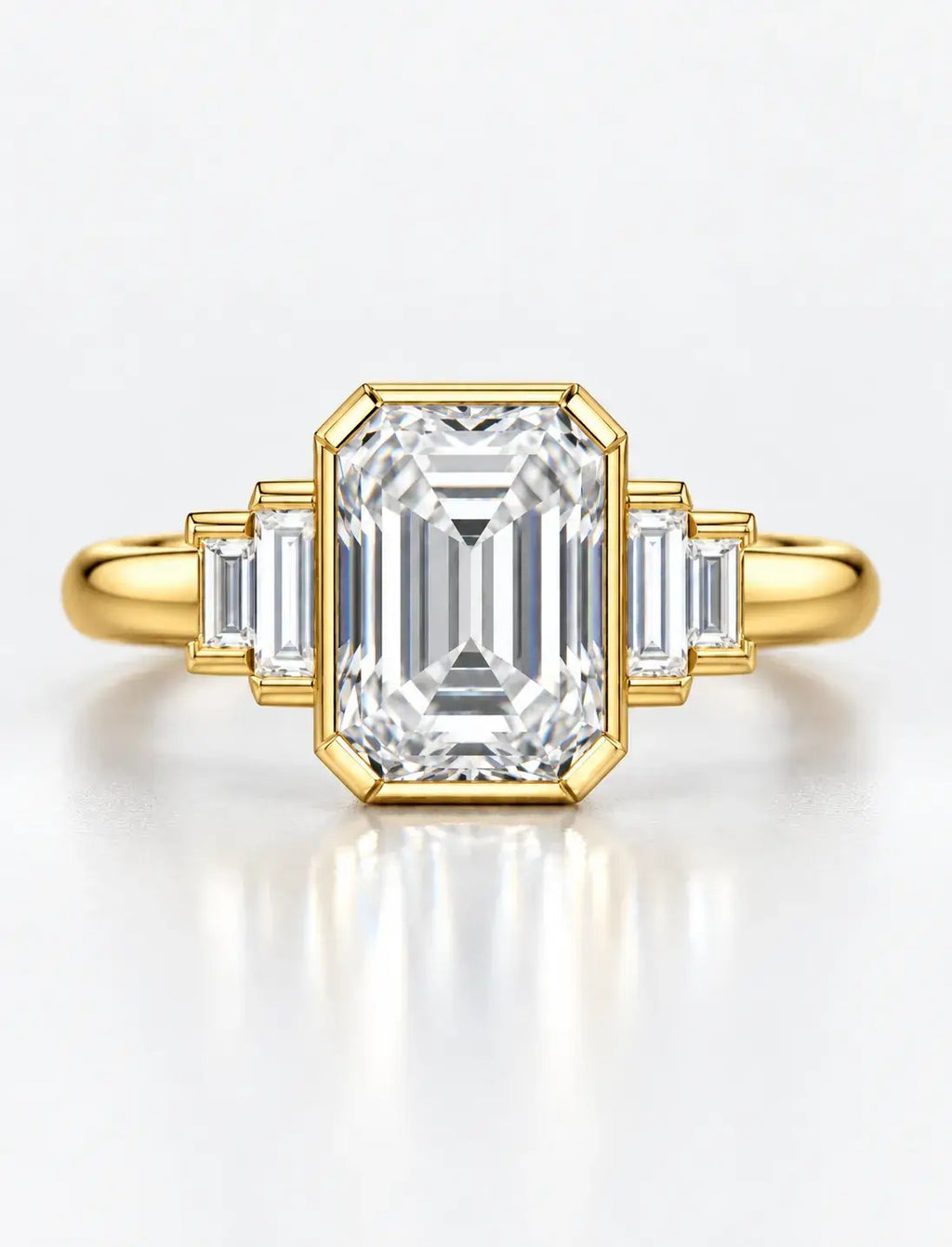 Emerald Diamond Engagement Ring with Baguette Bezel Set Diamond Five Stone Ring IGI Lab Grown in 18K Yellow Gold