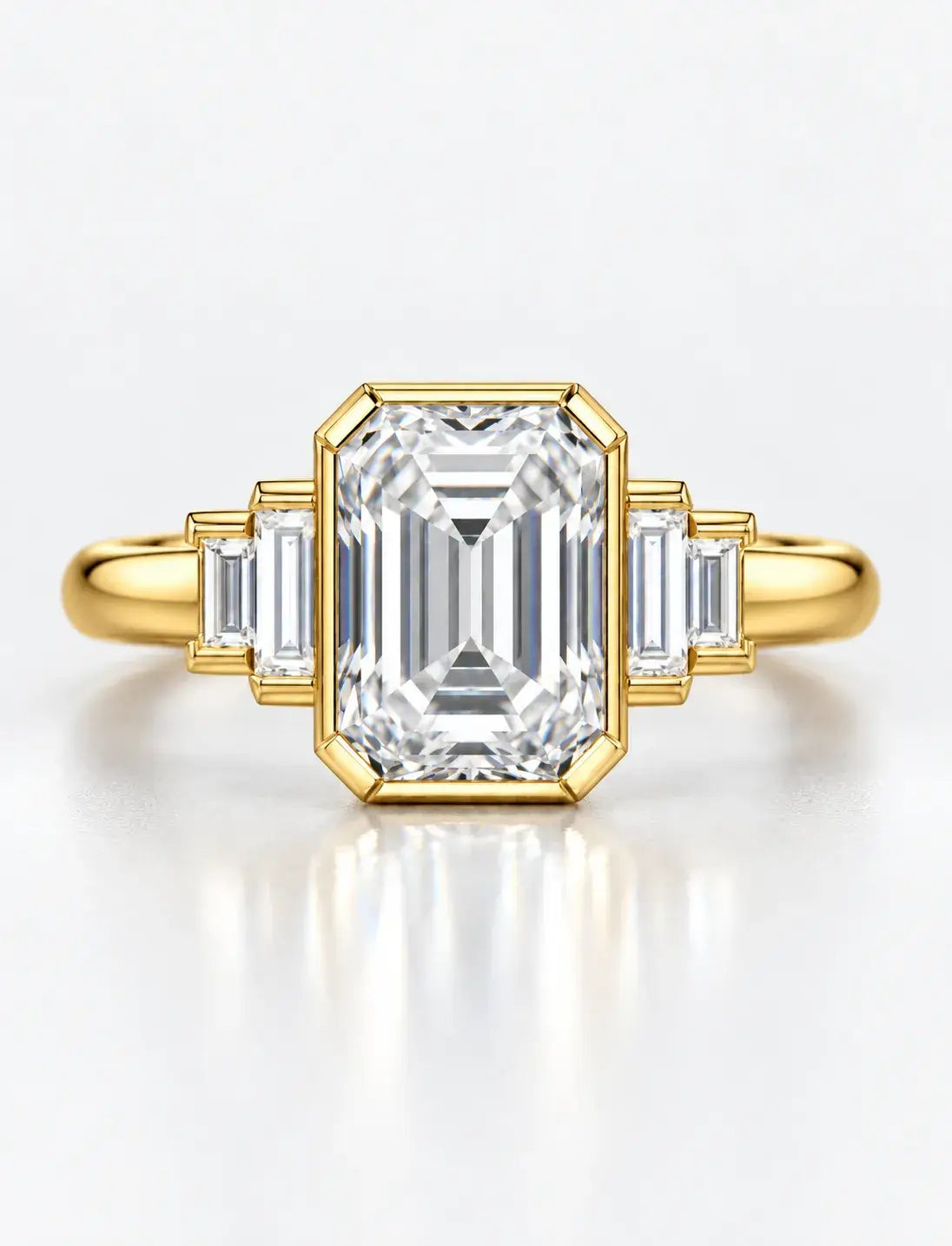 Emerald Diamond Engagement Ring with Baguette Bezel Set Diamond Five Stone Ring IGI Lab Grown in 18K Yellow Gold