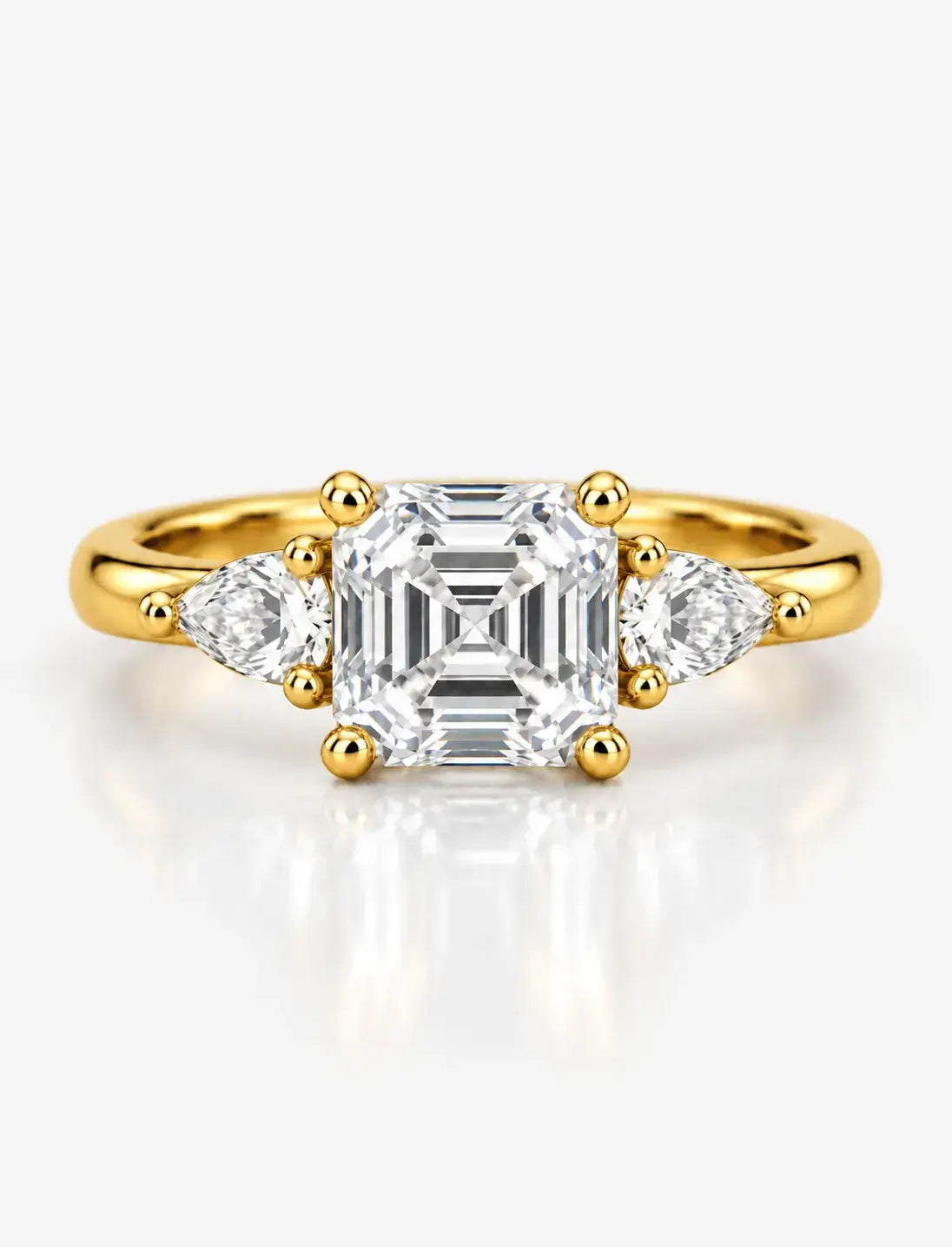 Asscher & Pear Trilogy Ring 2.38 Carat IGI Certified Lab Grown The Step-Cut Elegance Art Deco 18K Yellow Gold