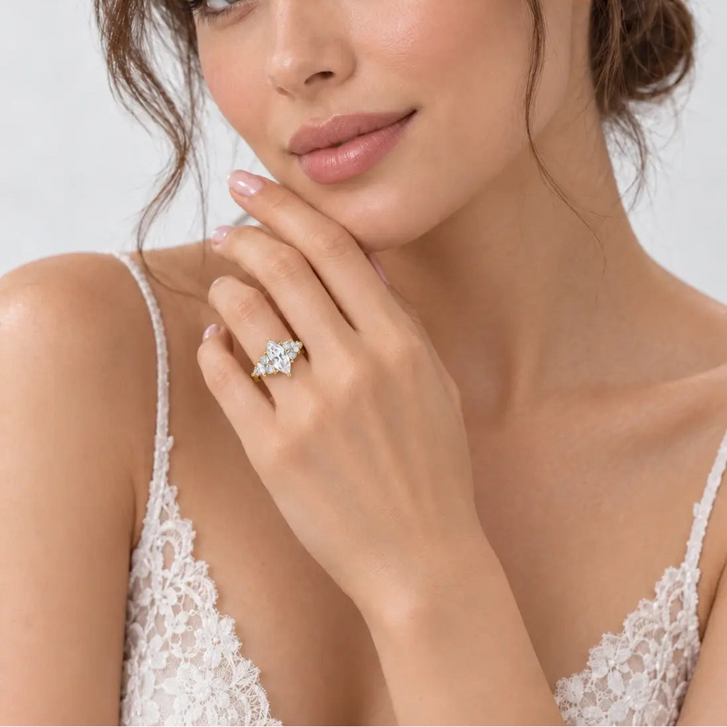Marquise Diamond Engagement Ring Diamond Solitaire with side Ring IGI Lab Grown in 18K Yellow Gold