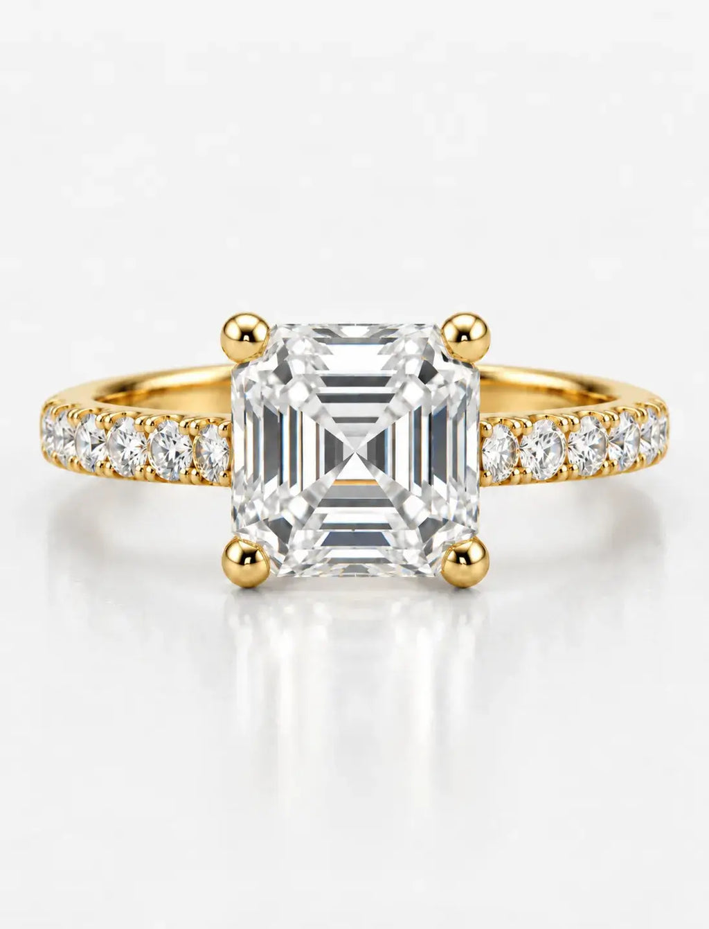 Asscher Diamond Engagement Ring 2.64 Carat with side Round Diaonmd Pave Set in 18K Yellow Gold