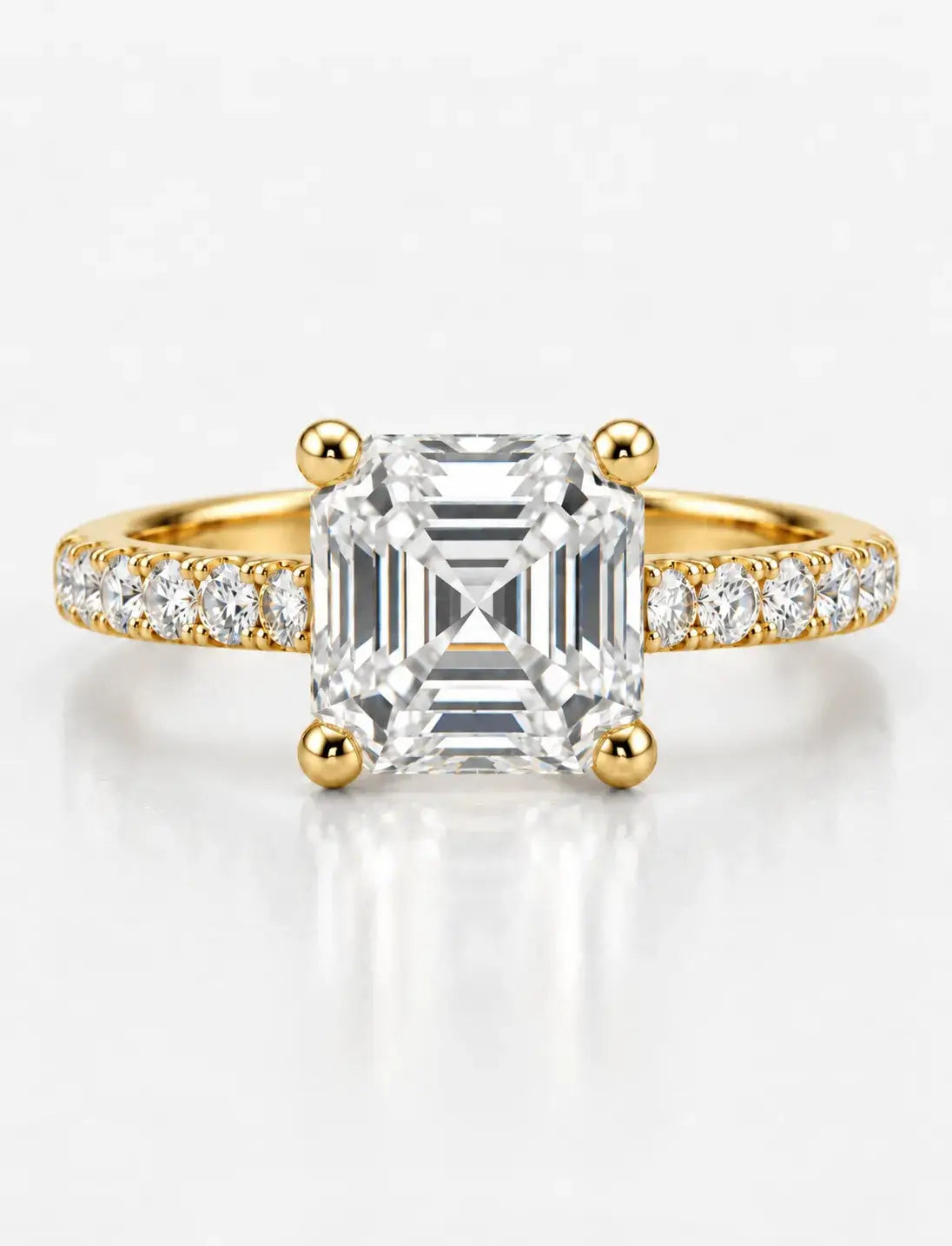 Asscher Diamond Engagement Ring 2.64 Carat with side Round Diaonmd Pave Set in 18K Yellow Gold