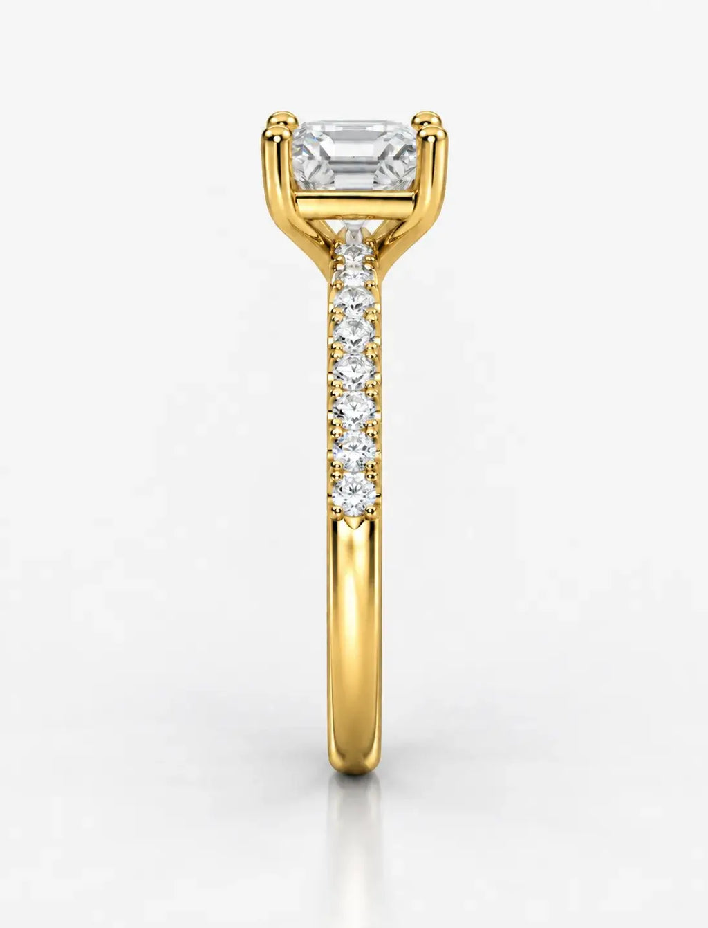 Asscher Diamond Engagement Ring 2.64 Carat with side Round Diaonmd Pave Set in 18K Yellow Gold