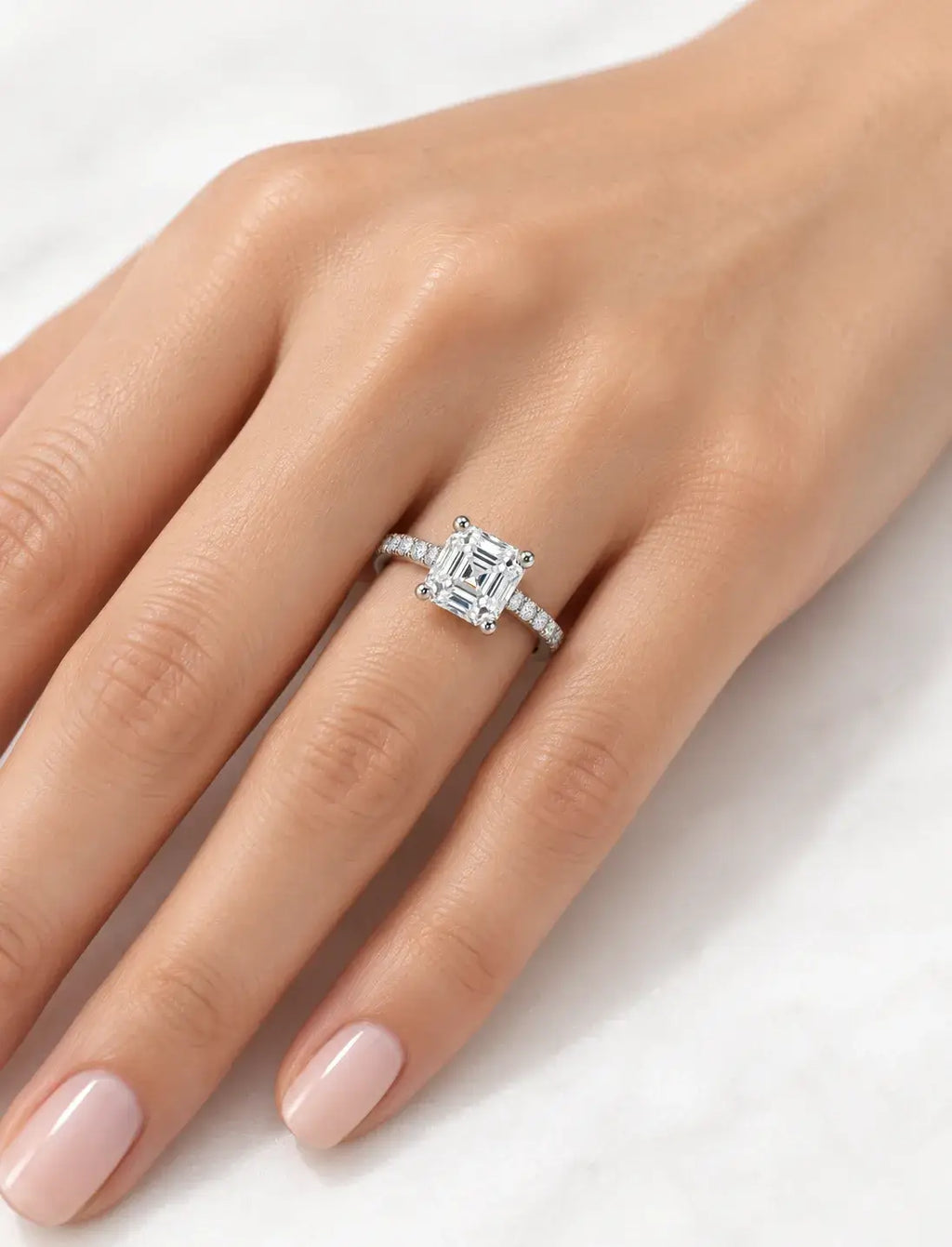 Asscher Diamond Engagement Ring 2.64 Carat with side Round Diaonmd Pave Set in 18K Yellow Gold