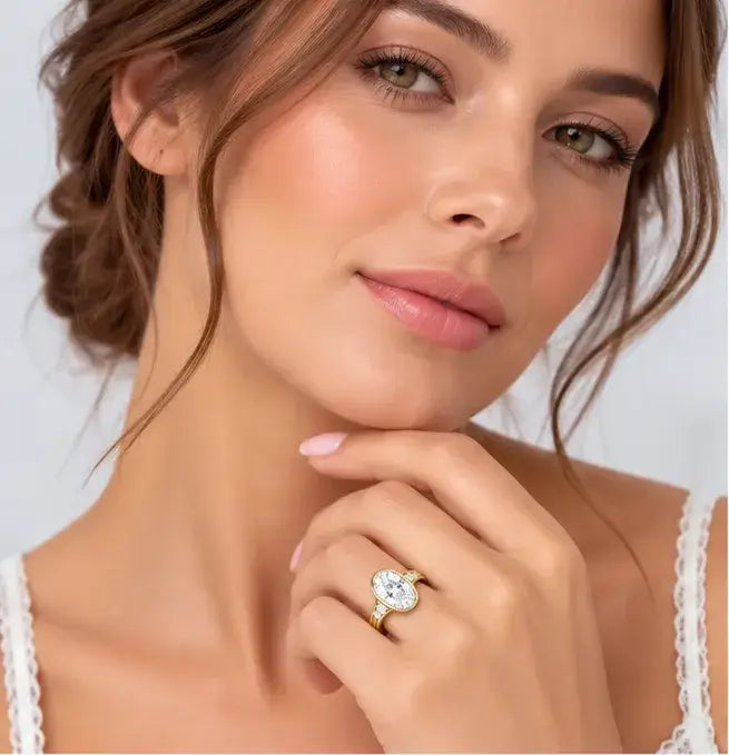 Oval Diamond Engagement Ring with Bezel Set and Round Diamond IGI Lab Grown in 18K Yellow Gold