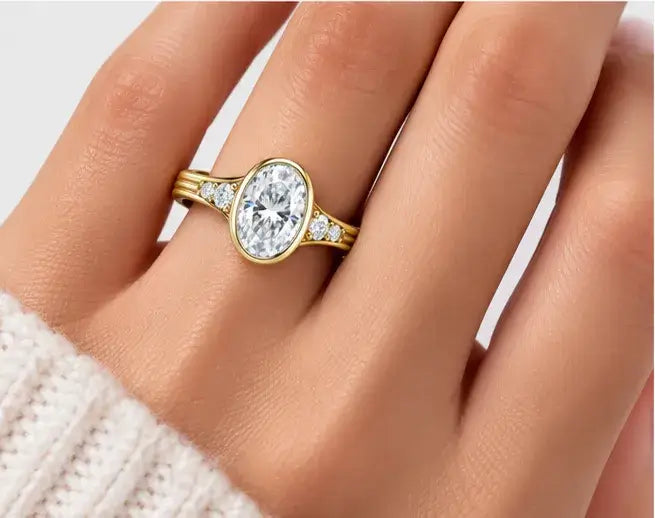 Oval Diamond Engagement Ring with Bezel Set and Round Diamond IGI Lab Grown in 18K Yellow Gold