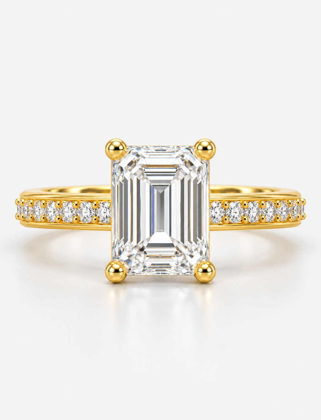 Lab Grown IGI Certified Emerald-Cut Diamond E/VS2 Hidden Halo Engagement Ring in 18K Yellow Gold with Pavé Band
