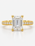 Lab Grown IGI Certified Emerald-Cut Diamond E/VS2 Hidden Halo Engagement Ring in 18K Yellow Gold with Pavé Band