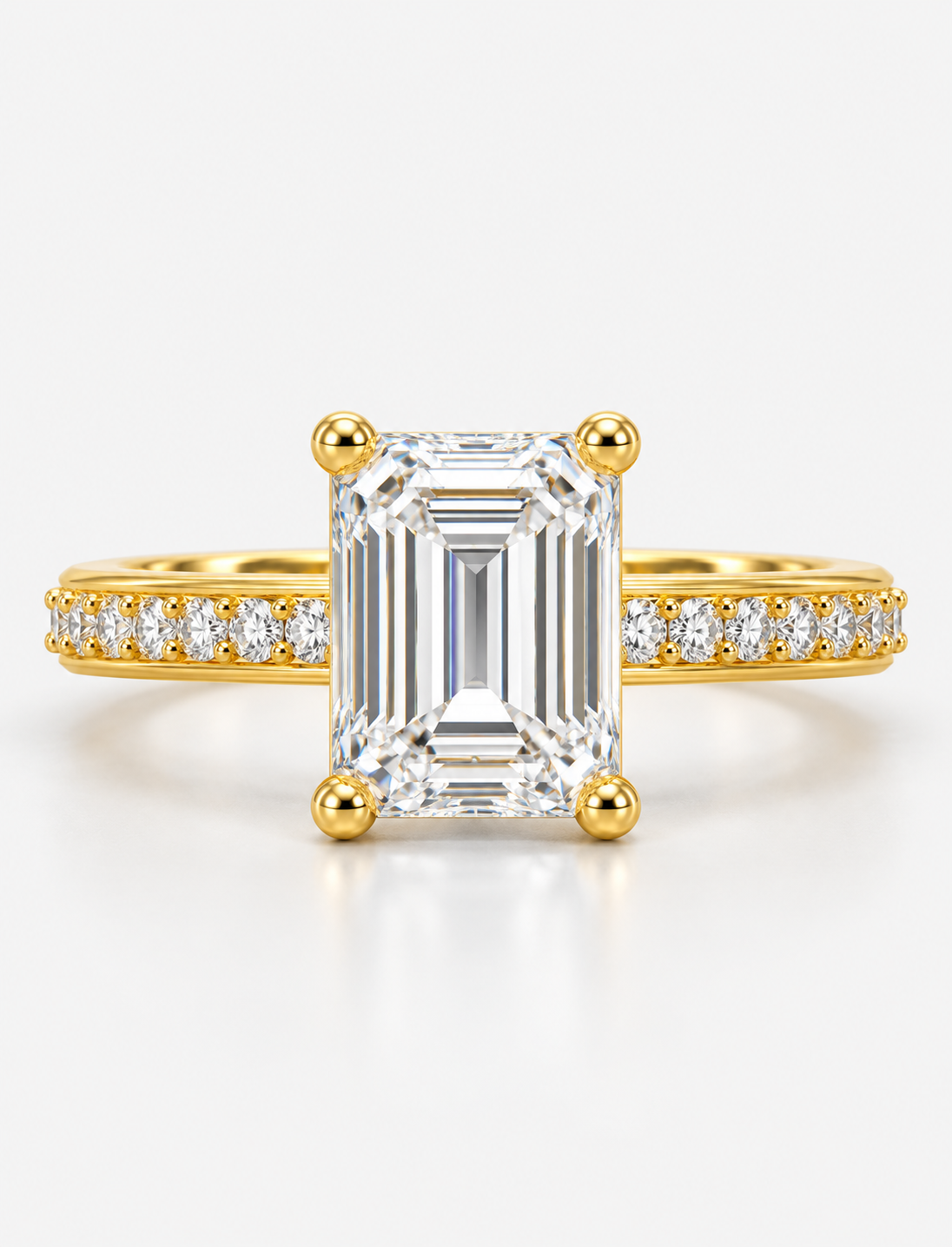 Lab Grown IGI Certified Emerald-Cut Diamond E/VS2 Hidden Halo Engagement Ring in 18K Yellow Gold with Pavé Band