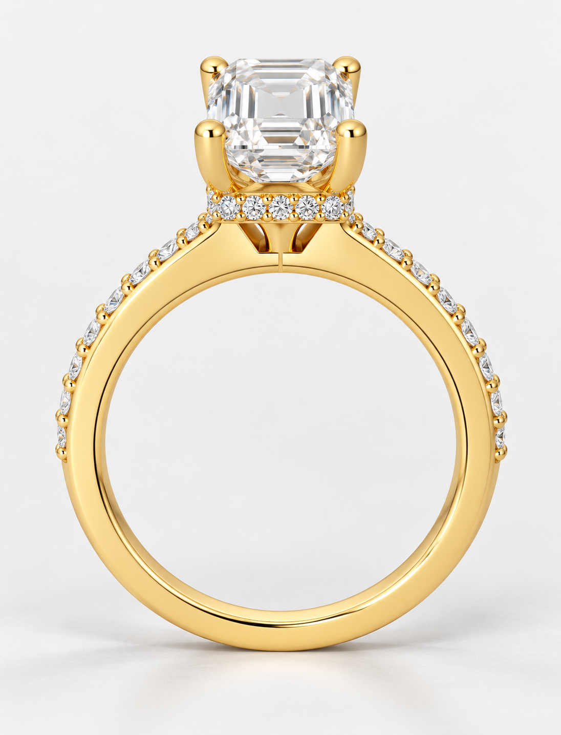 Lab Grown IGI Certified Emerald-Cut Diamond E/VS2 Hidden Halo Engagement Ring in 18K Yellow Gold with Pavé Band