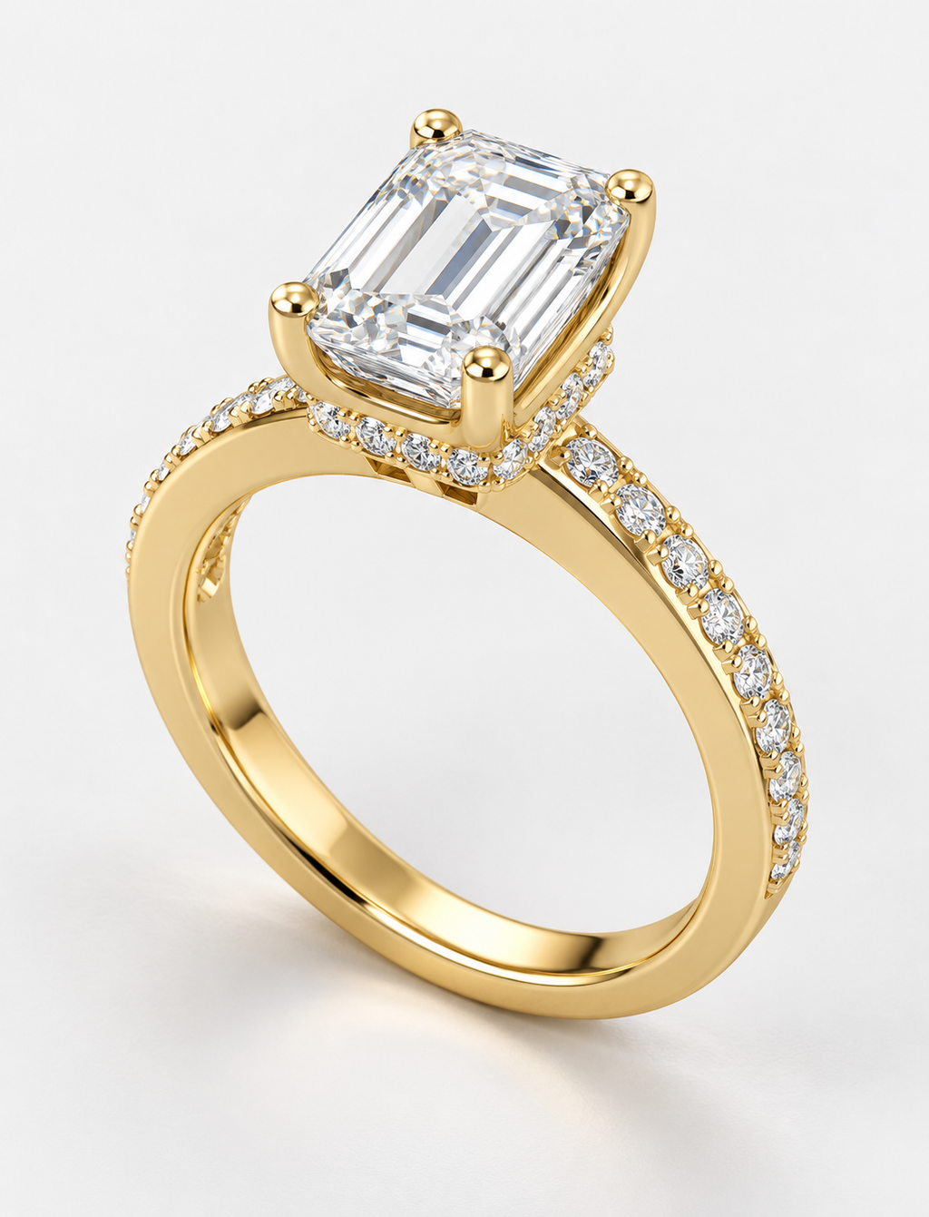 Lab Grown IGI Certified Emerald-Cut Diamond E/VS2 Hidden Halo Engagement Ring in 18K Yellow Gold with Pavé Band
