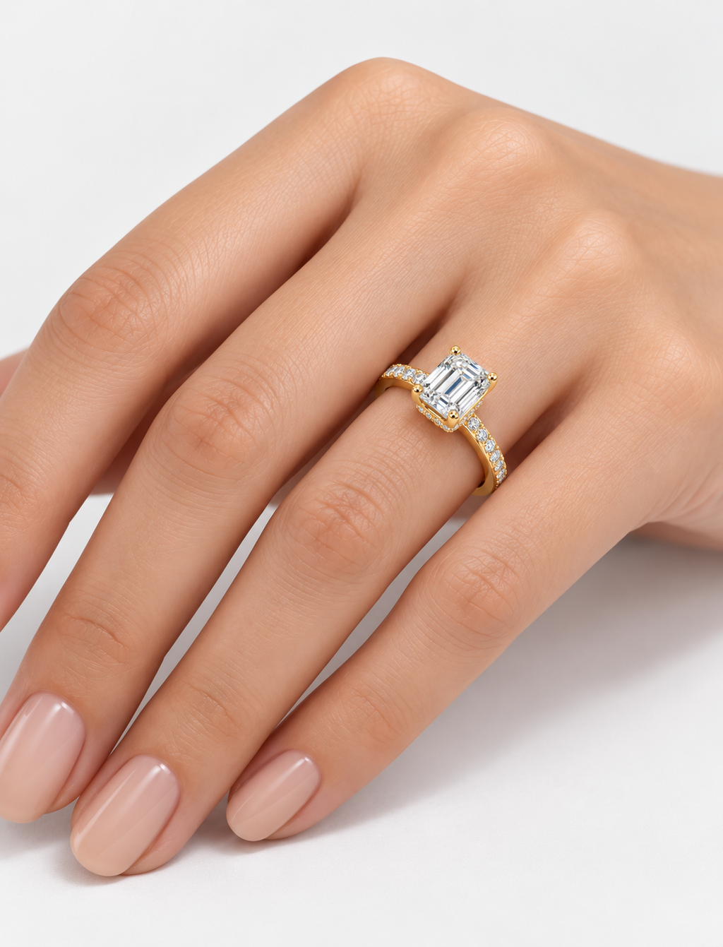 Lab Grown IGI Certified Emerald-Cut Diamond E/VS2 Hidden Halo Engagement Ring in 18K Yellow Gold with Pavé Band