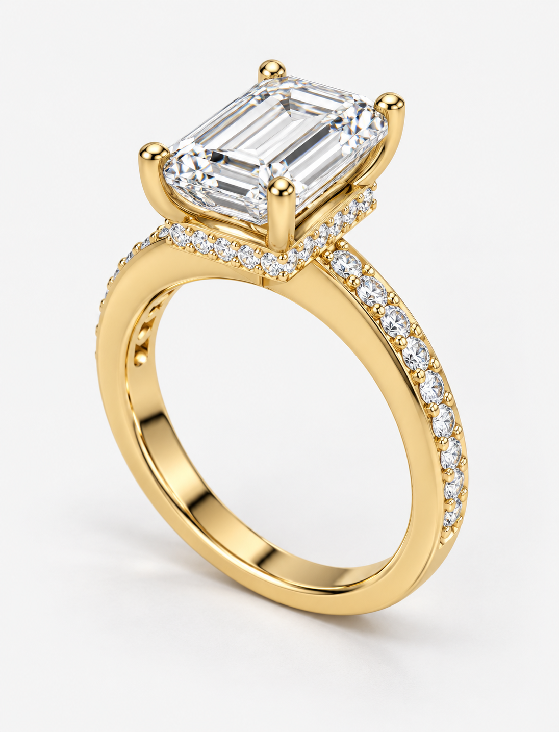 Lab Grown IGI Certified Emerald-Cut Diamond E/VS2 Hidden Halo Engagement Ring in 18K Yellow Gold with Pavé Band