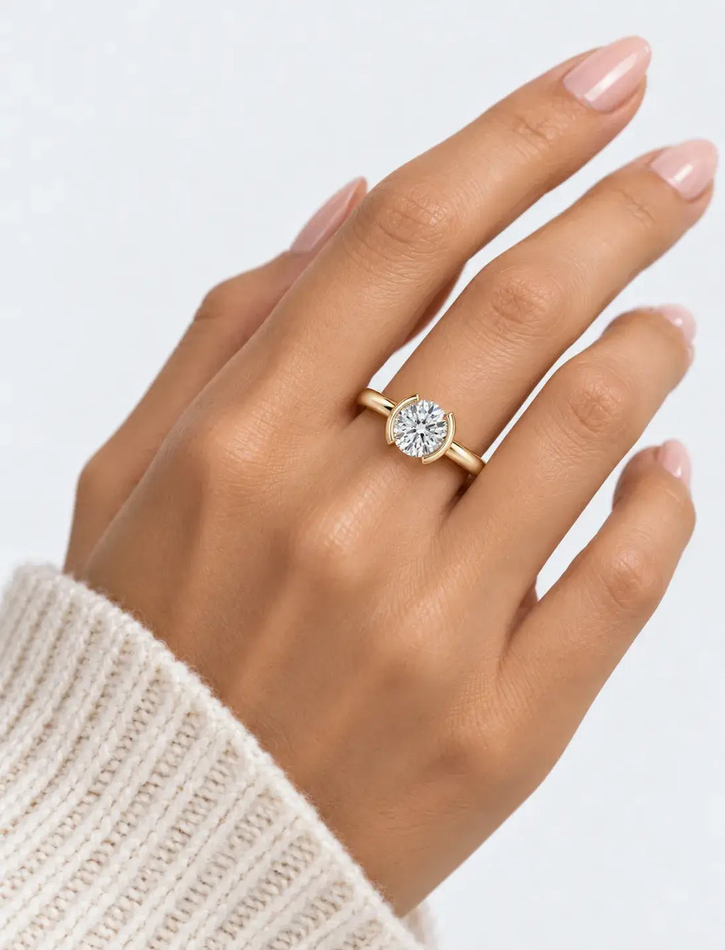Round Solitaire Diamond Ring Half Bezel Set IGI Certified Lab Grown Engagement Ring in 18K Yellow Gold