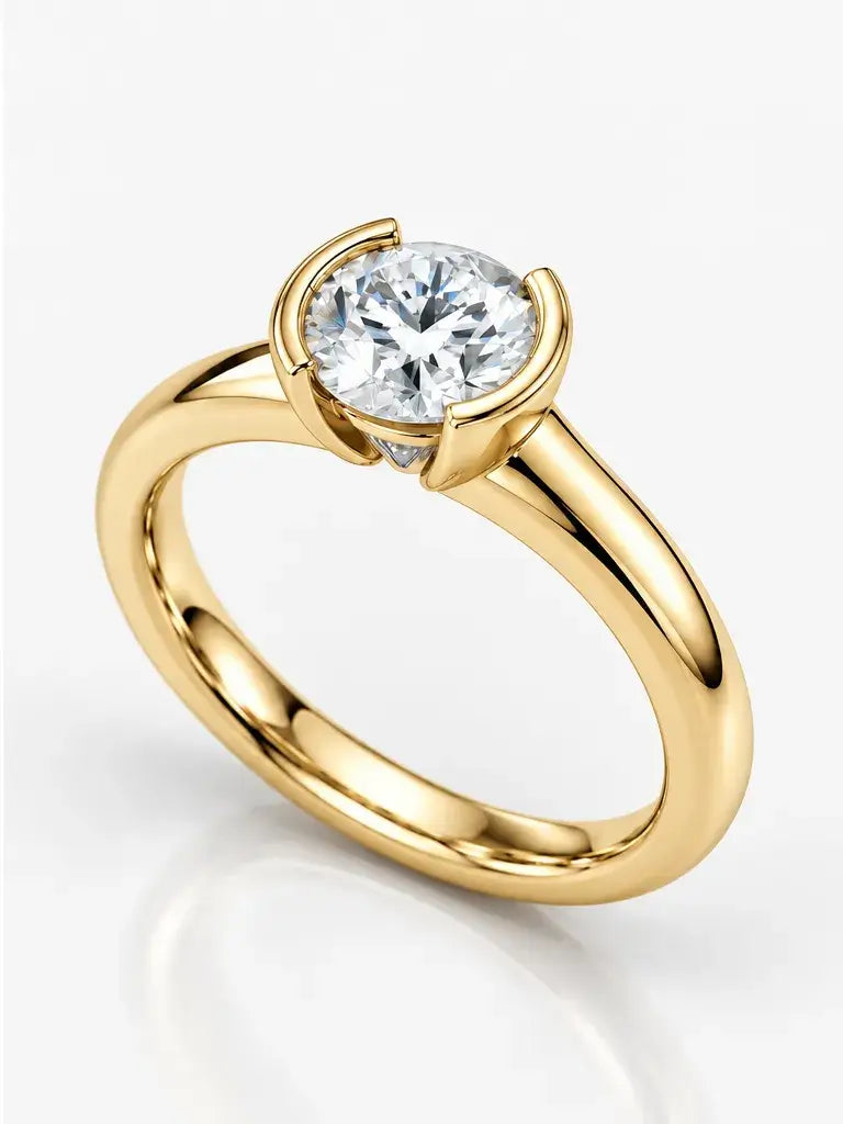 Round Solitaire Diamond Ring Half Bezel Set IGI Certified Lab Grown Engagement Ring in 18K Yellow Gold