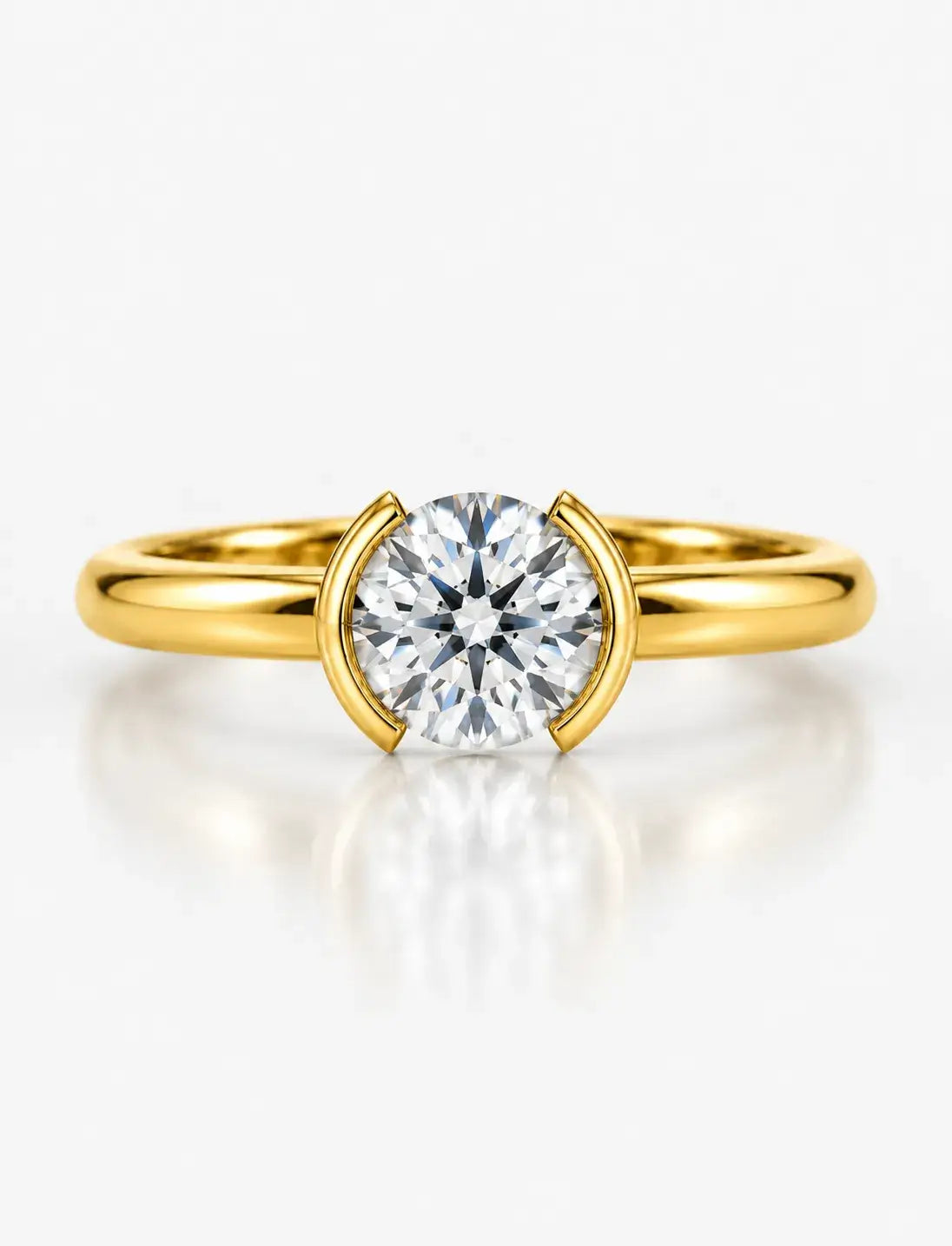 Round Solitaire Diamond Ring Half Bezel Set IGI Certified Lab Grown Engagement Ring in 18K Yellow Gold
