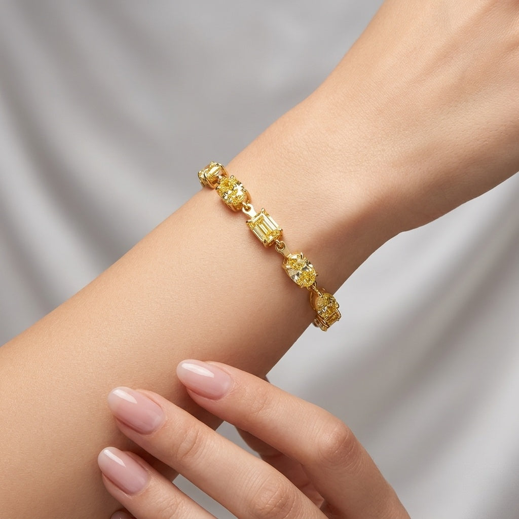 15.75Ct, Multi Shape Fancy Vivid Yellow Diamond Tennis Bracelet In 18K Yellow Gold - 17Grams