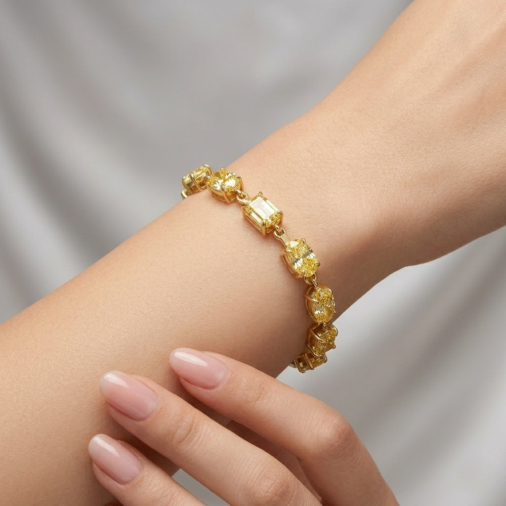 15.75Ct, Multi Shape Fancy Vivid Yellow Diamond Tennis Bracelet In 18K Yellow Gold - 17Grams