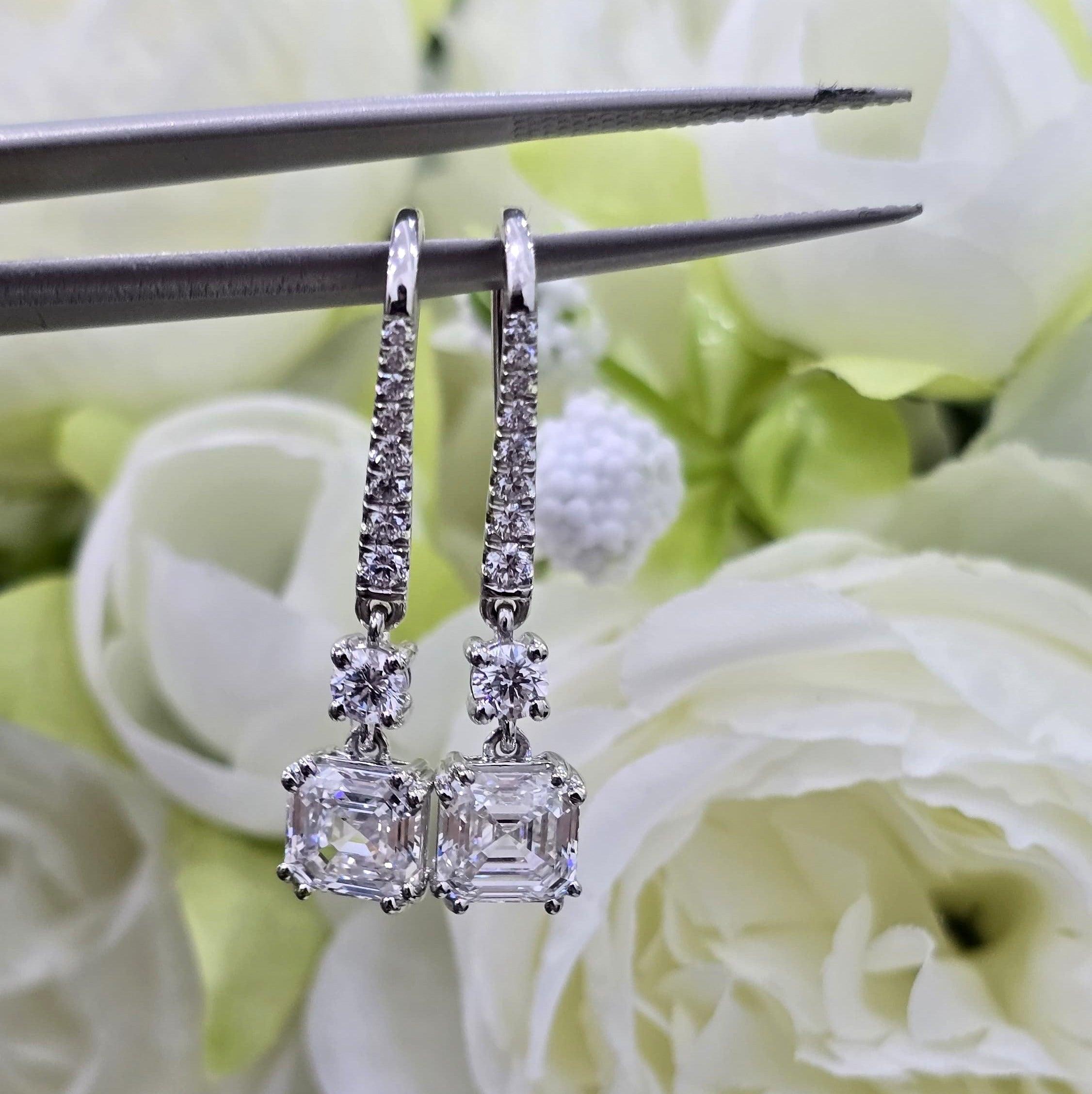 Certified 4.00 Carat D/VS Asscher Lab Diamond Dangle Drop Earrings in 18k White Gold