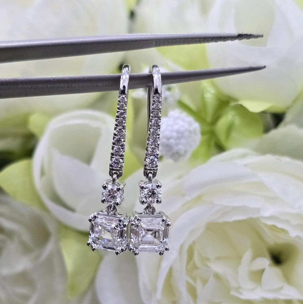 Certified 4.00 Carat D/VS Asscher Lab Diamond Dangle Drop Earrings in 18k White Gold