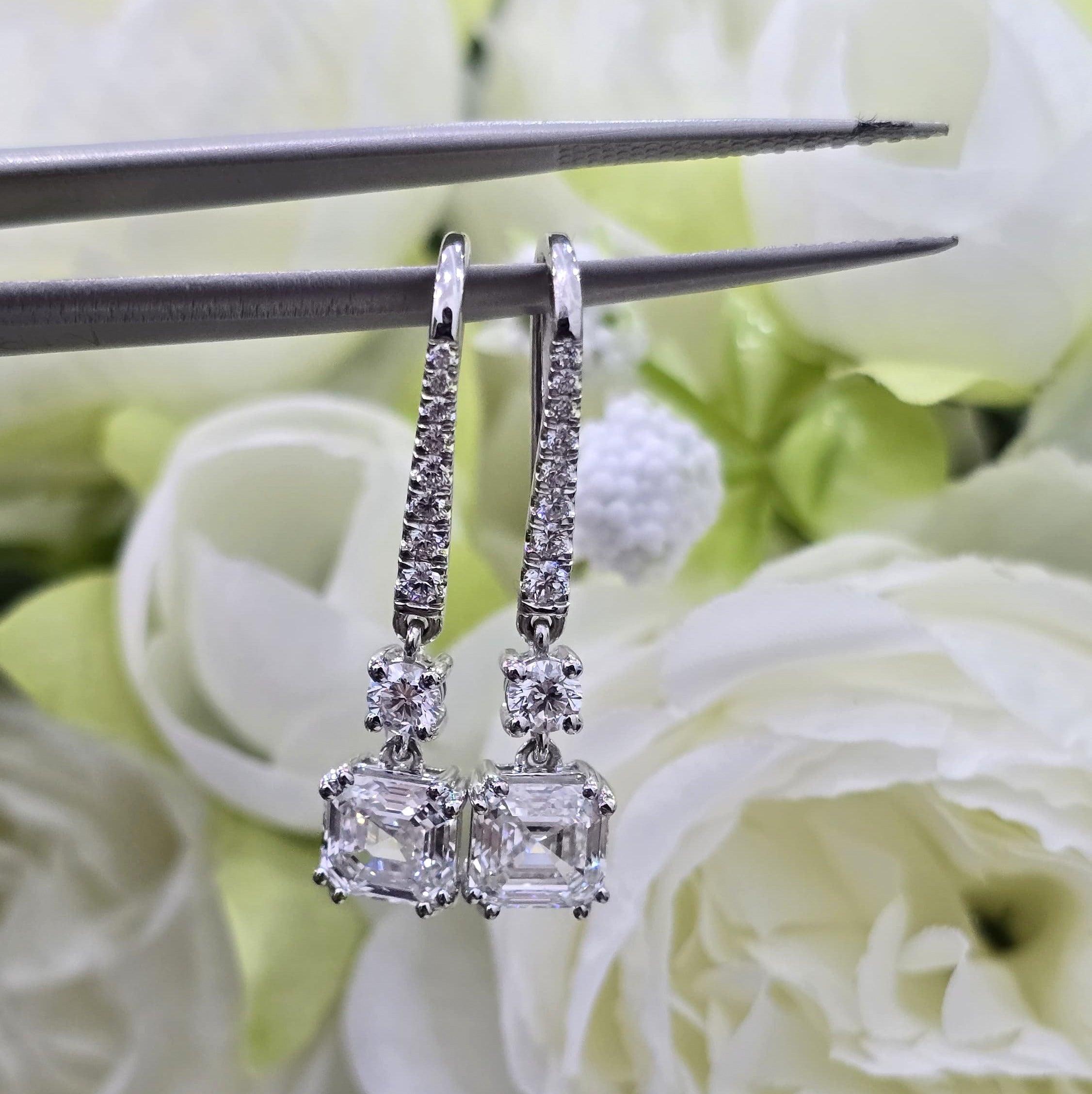 Certified 4.00 Carat D/VS Asscher Lab Diamond Dangle Drop Earrings in 18k White Gold