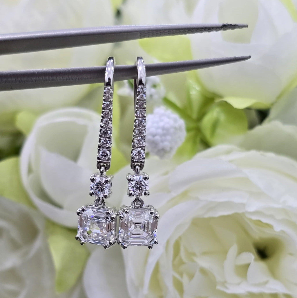 Certified 4.00 Carat D/VS Asscher Lab Diamond Dangle Drop Earrings in 18k White Gold