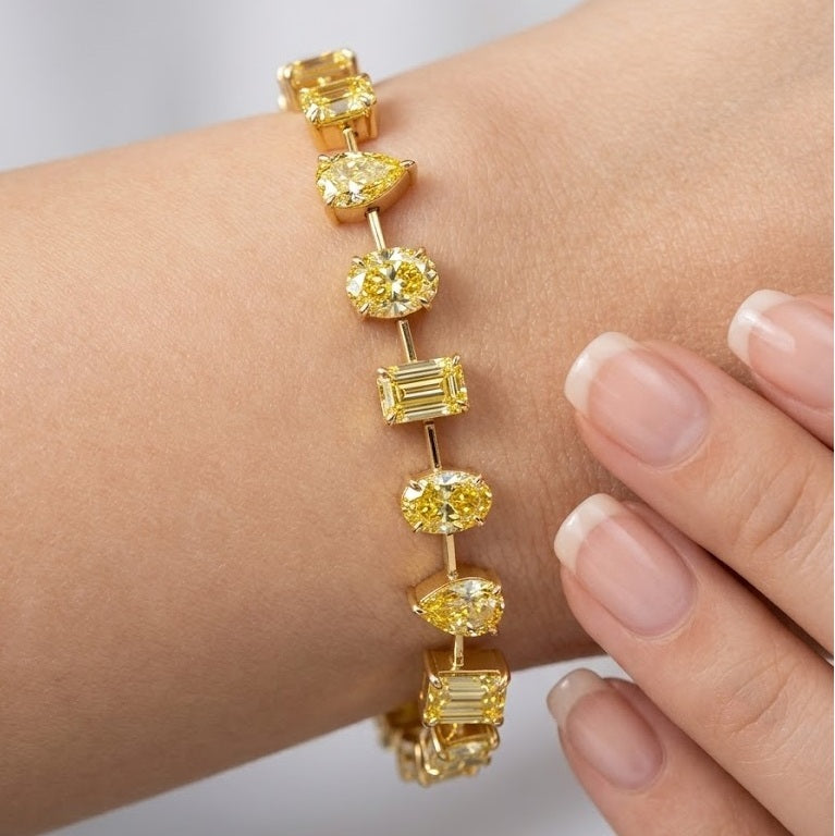 12.04Ct, Multi Shape Fancy Vivid Yellow Diamond Tennis Bracelet In 18K Yellow Gold - 15Grams
