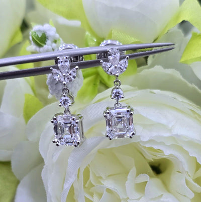 Last Piece ! Certified 3.65Ct D/VVS Asscher & Multi Diamond Dangle Drop Earrings in 18k White Gold