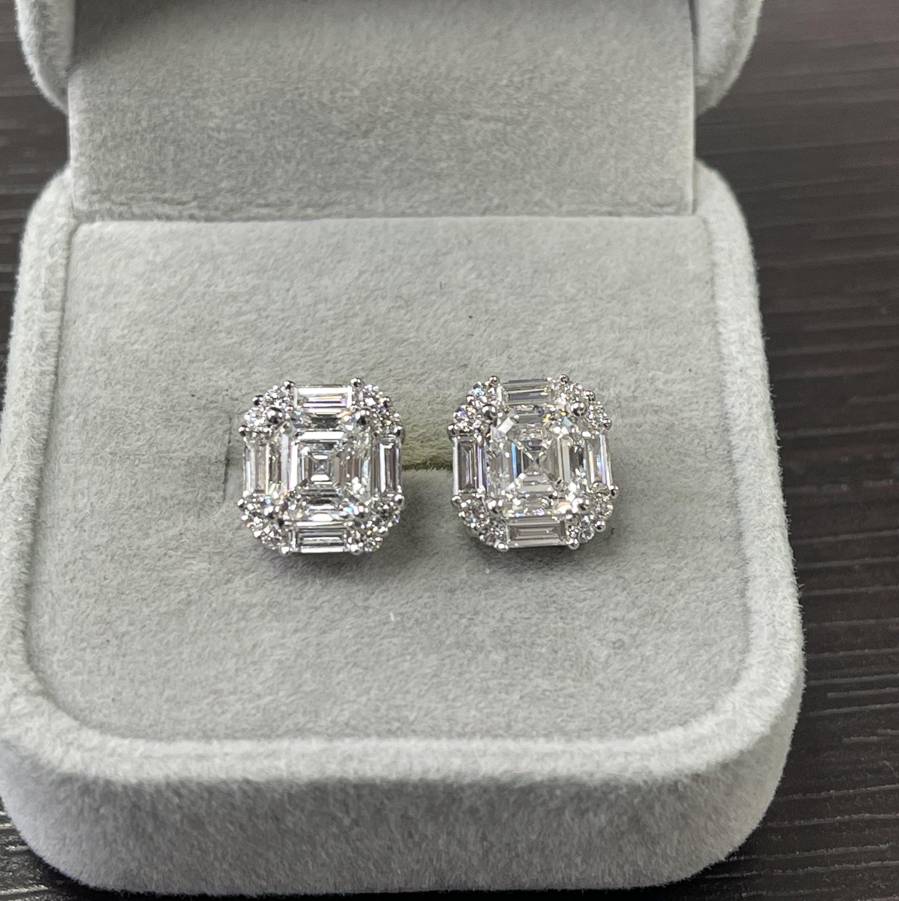 Last Piece ! Certified D/VS 4.00Ct Asscher Diamond Cluster Earring in 18k White Gold 4.30 Grams