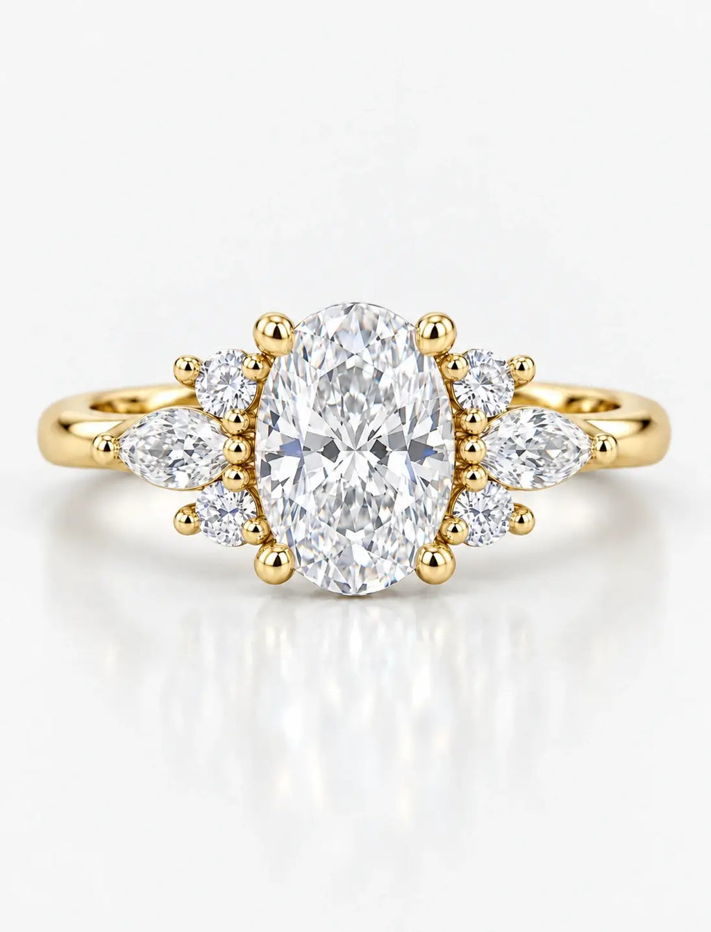 Oval Diamond Engagement Ring with Marquise & Round Diamond Cluster Ring IGI Lab Grown in 18K Yellow Gold