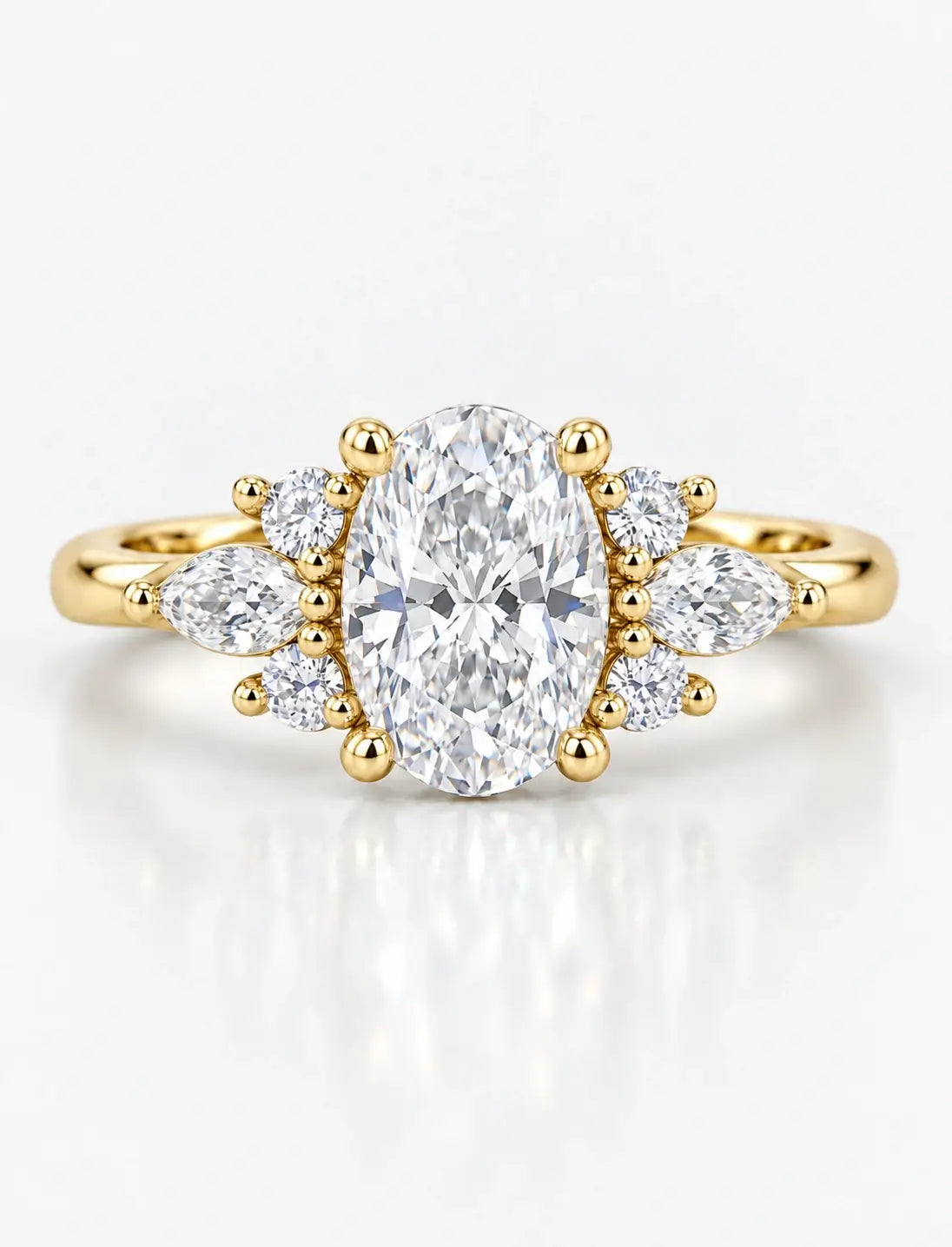 Oval Diamond Engagement Ring with Marquise & Round Diamond Cluster Ring IGI Lab Grown in 18K Yellow Gold