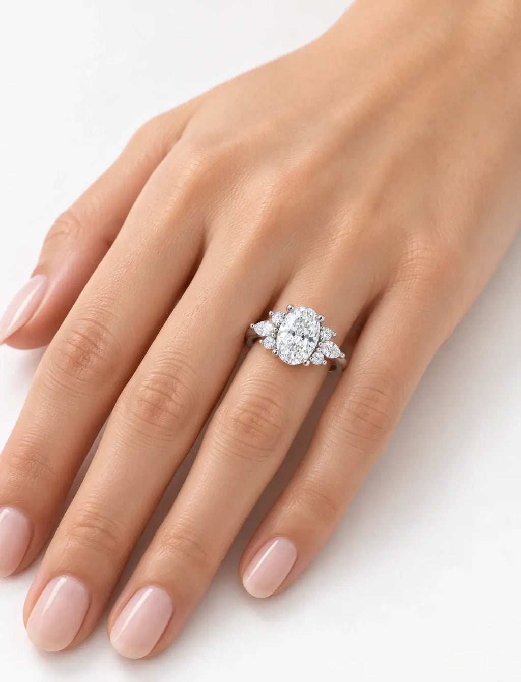 Oval Diamond Engagement Ring with Marquise & Round Diamond Cluster Ring IGI Lab Grown in 18K Yellow Gold